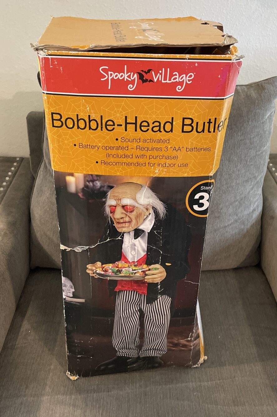 Spooky Village Bobble Head Butler Halloween Animatronic 3 FT Sound Activated Box